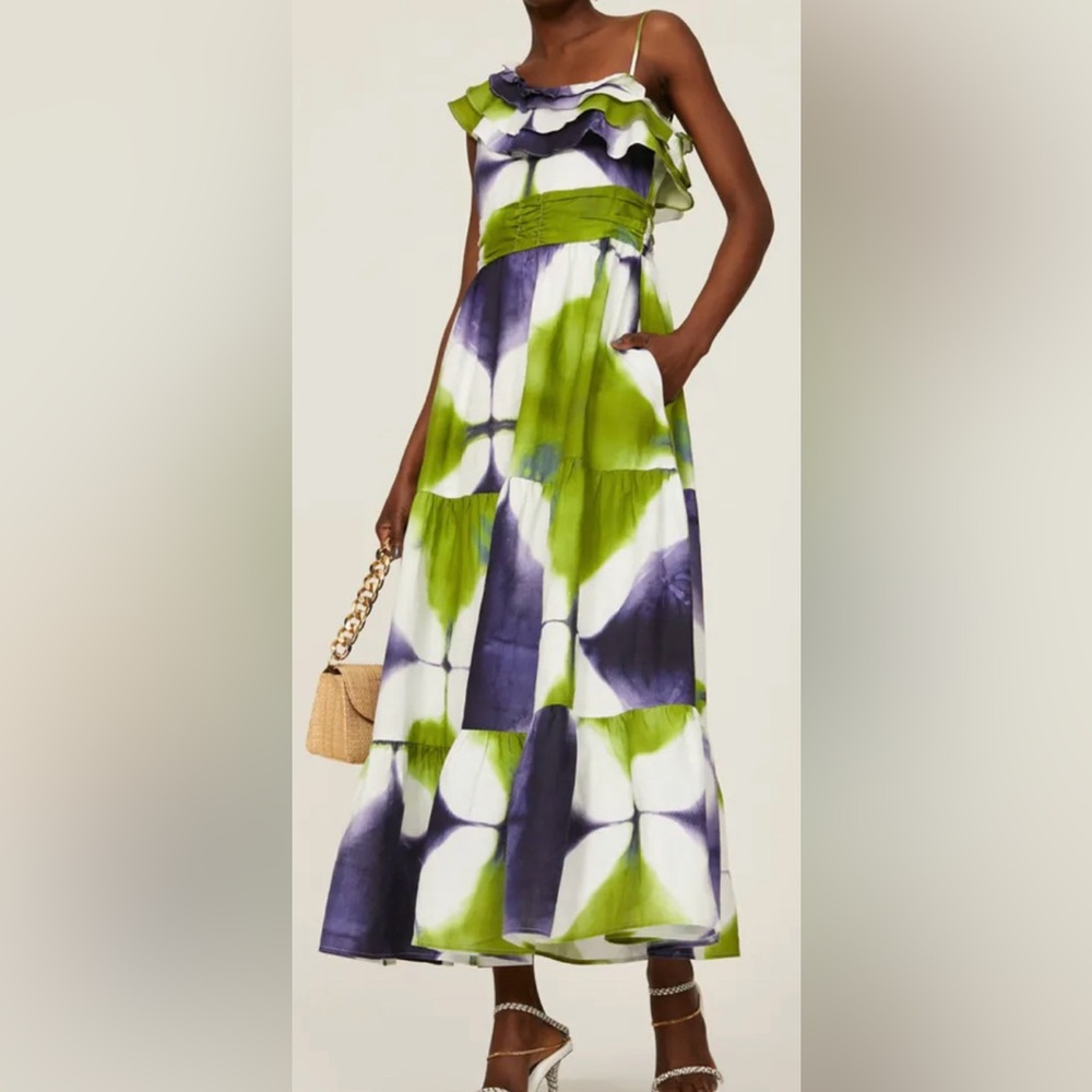 Busayo Collective Ruffle maxi dress patterned in Green and Blue tie-dye. Size 6